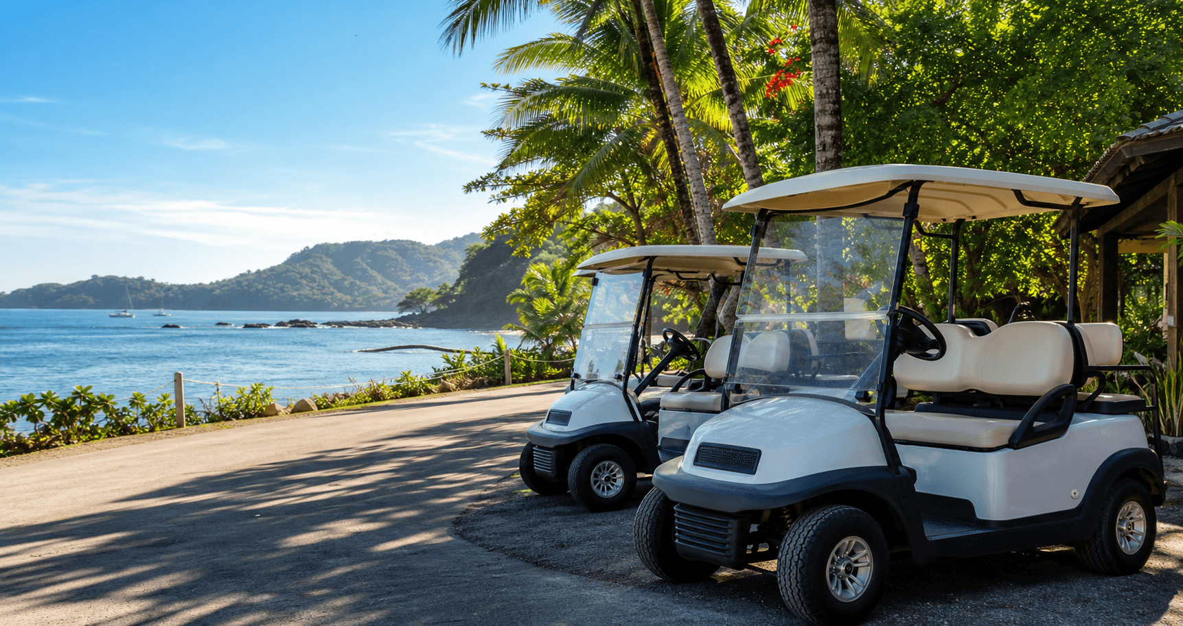 Golf carts staged on a tropical Tambor Bay road near the water